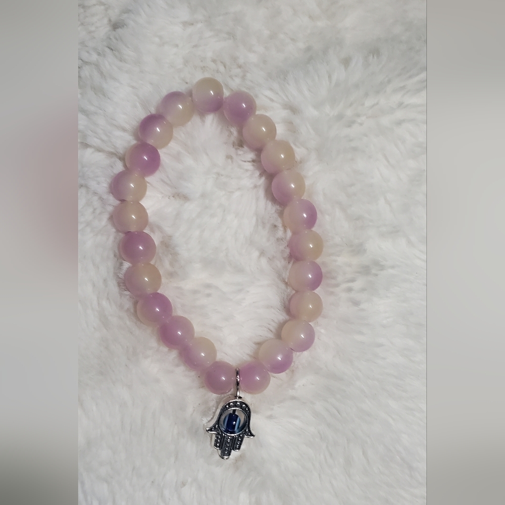 Purple and Cream Beaded Bracelet with Silver Charm